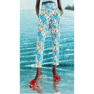 Zara Pants Womens Large Floral High Waisted Cropped Pleated Pockets Boho Beachy